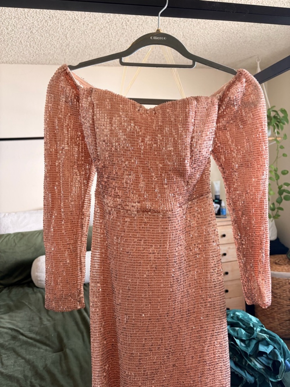 Fashion Nova Rose Gold Sequin Off-Shoulder Long Sleeve Dress
